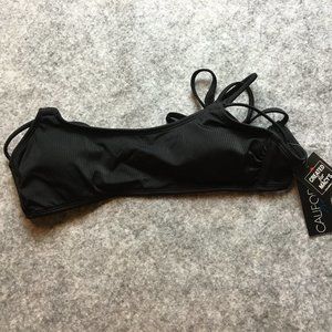 California Waves Bikini Top S Solid Black Ribbed Knit Strappy Cage Back Bralette